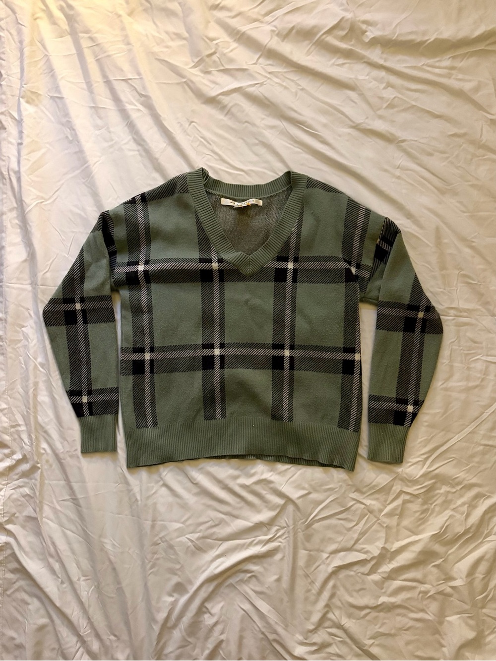 Max Studio Green and Black Plaid V-Neck Sweater